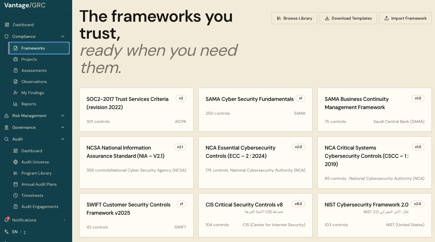 Vantage compliance frameworks library — SOC2, SAMA, NIA, NCA ECC, NCA CSCC, SWIFT, CIS, and NIST CSF
